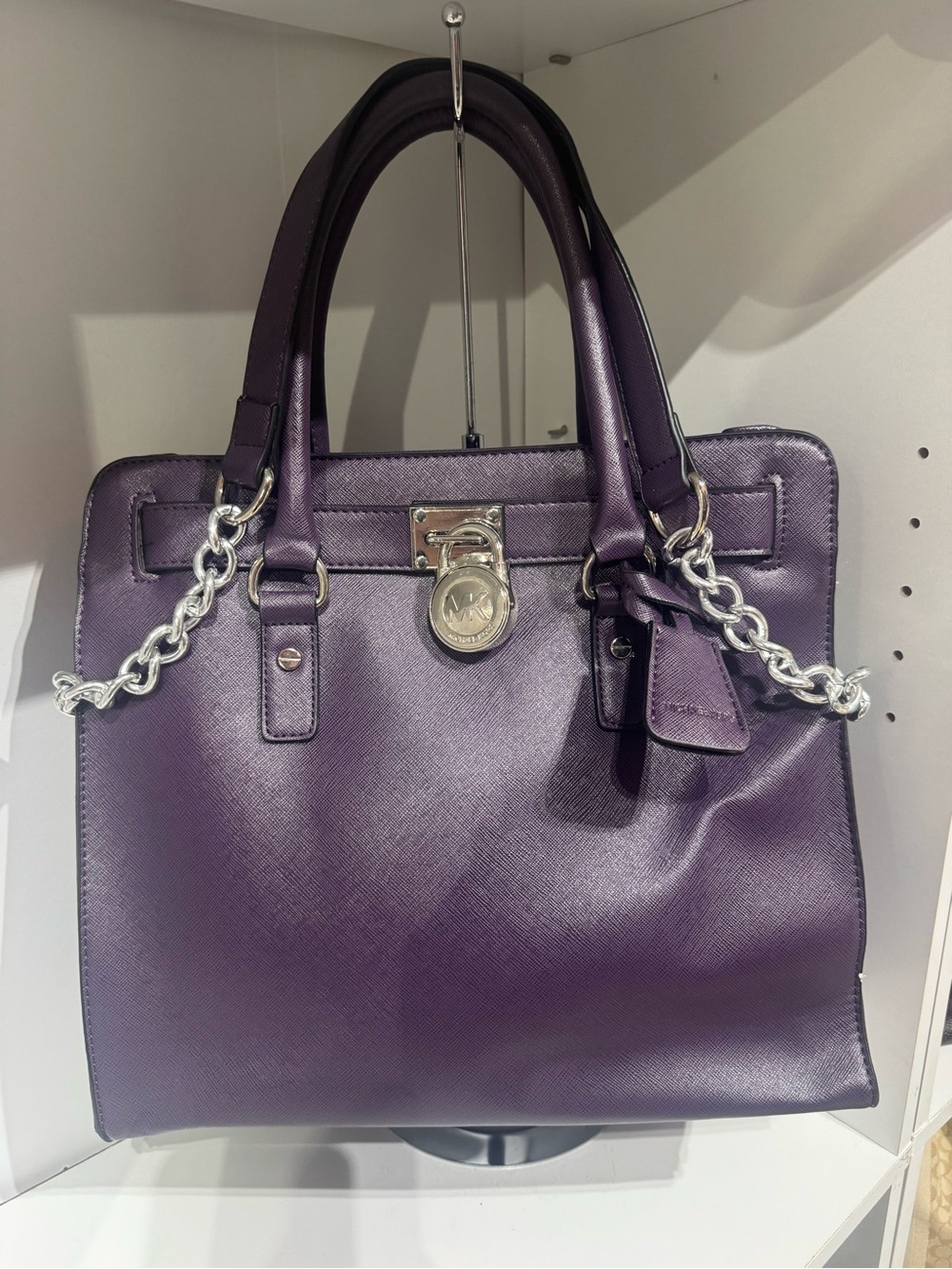 Michael Kors Purple Saffiano Leather Satchel with Silver Hardware